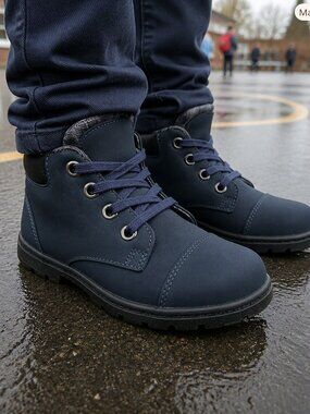 Kids Navy Lace-Up Outdoor Boots
